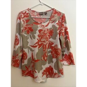 Chicos 0 Top Floral Small Long Sleeve Loud Fun Pattern Pink and Tan‎ Dopamine